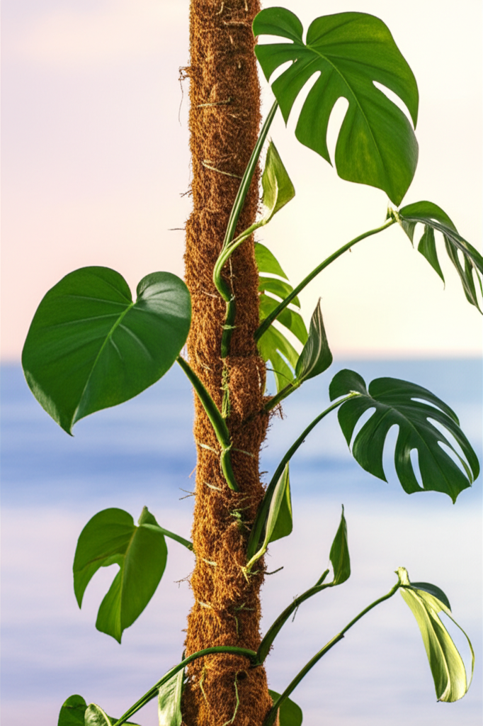 Monstera plant trained to grow up a moss pole