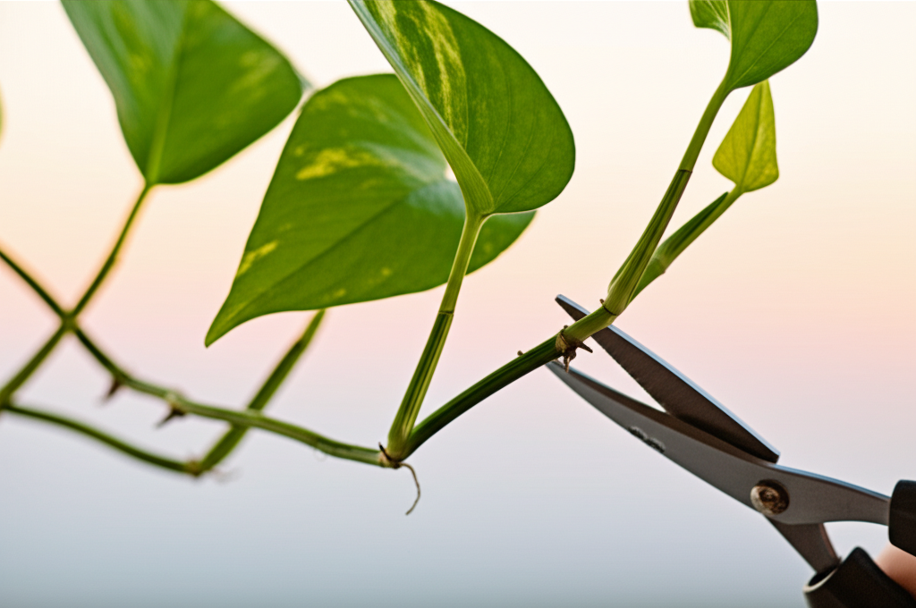 Hands pruning a pothos vine
