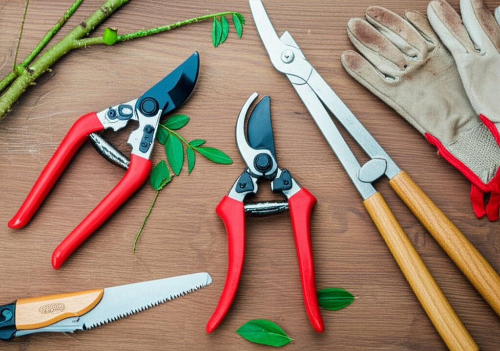 Various pruning tools laid out including scissors, pruners, and shears