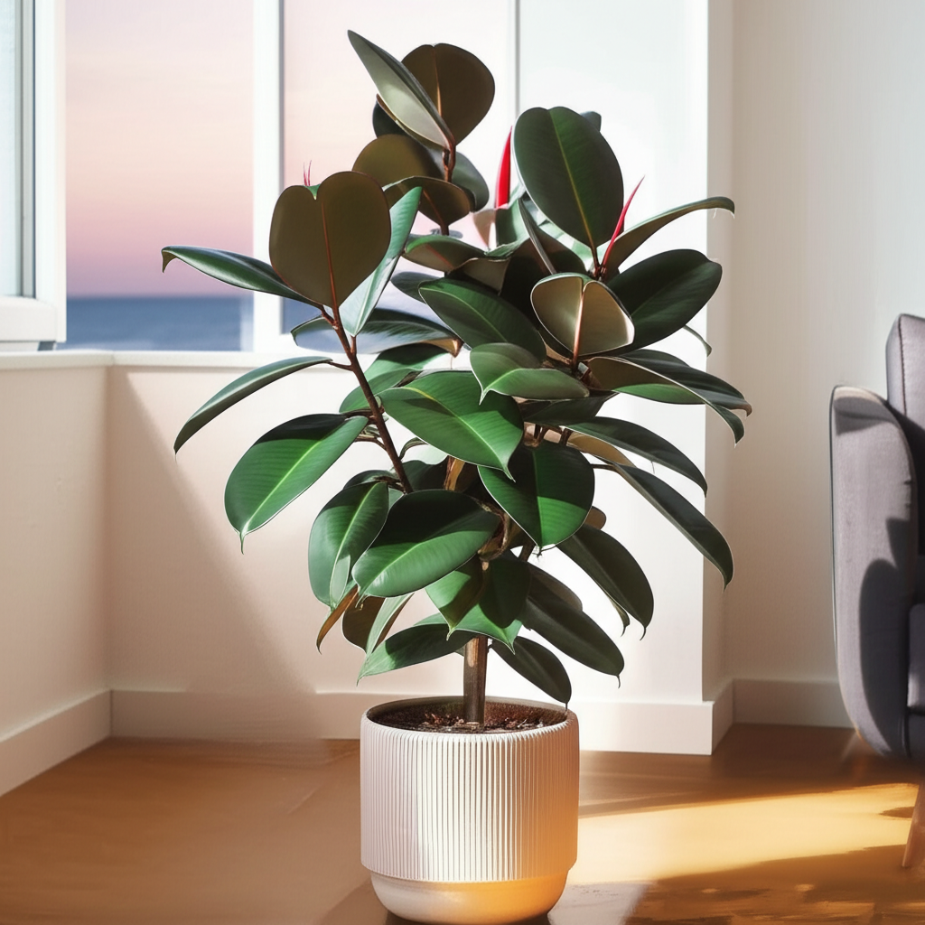 Rubber plant with large glossy leaves